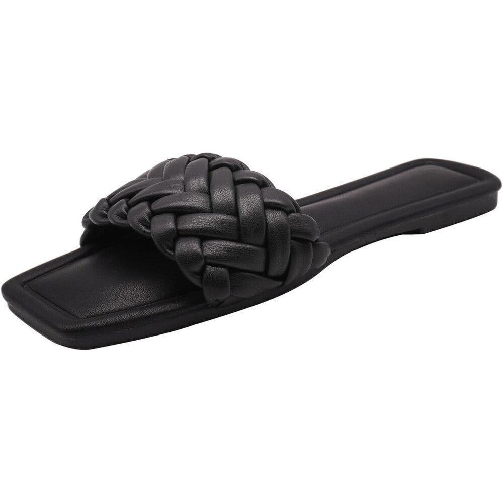 Womens 19-black Faux Leather Open toe Breathable lightweight Flat Slide Sandals